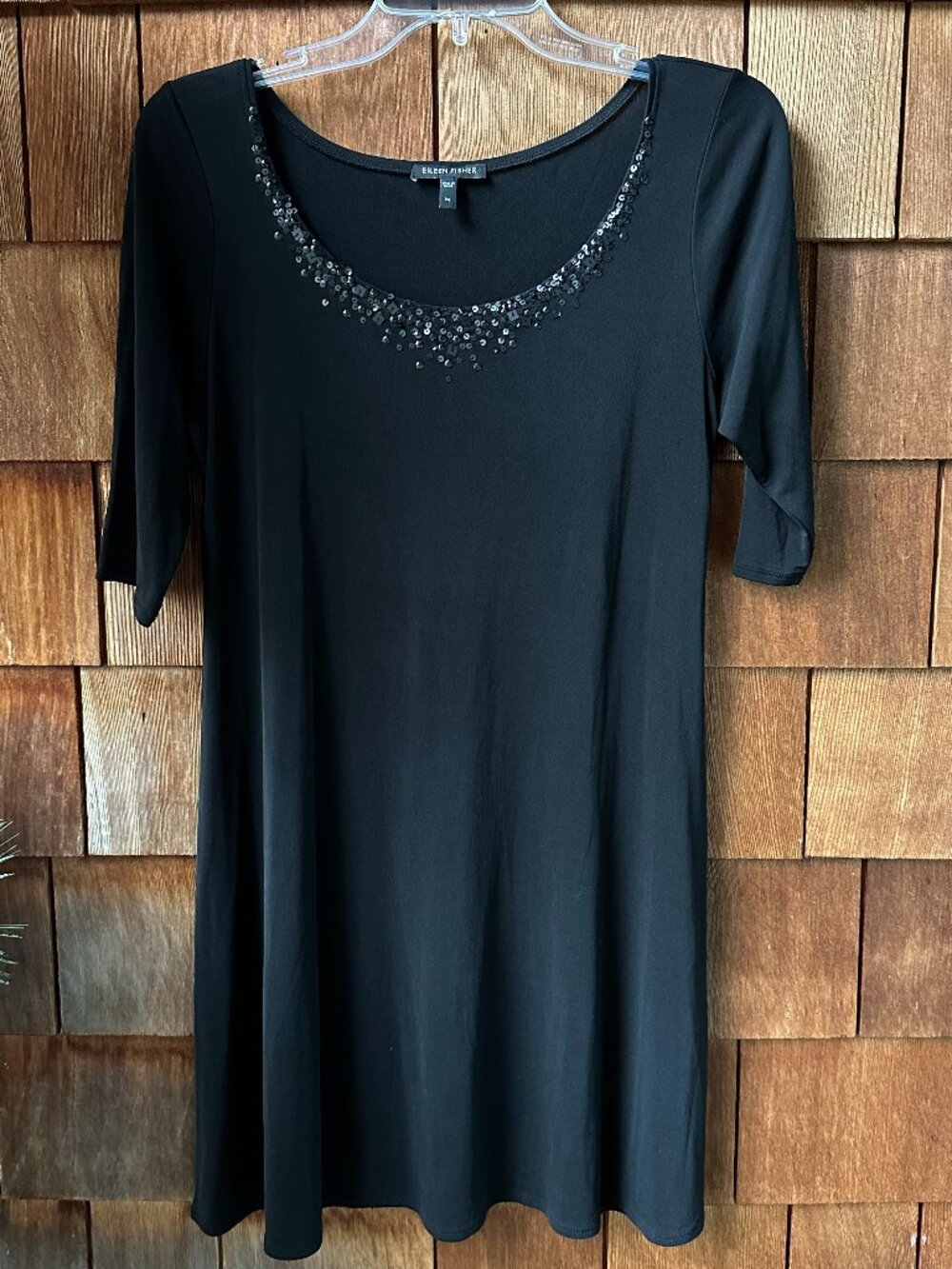 EUC Eileen Fisher Black Silk Sequin Neckline Stretch Knit A-Line Dress - Medium